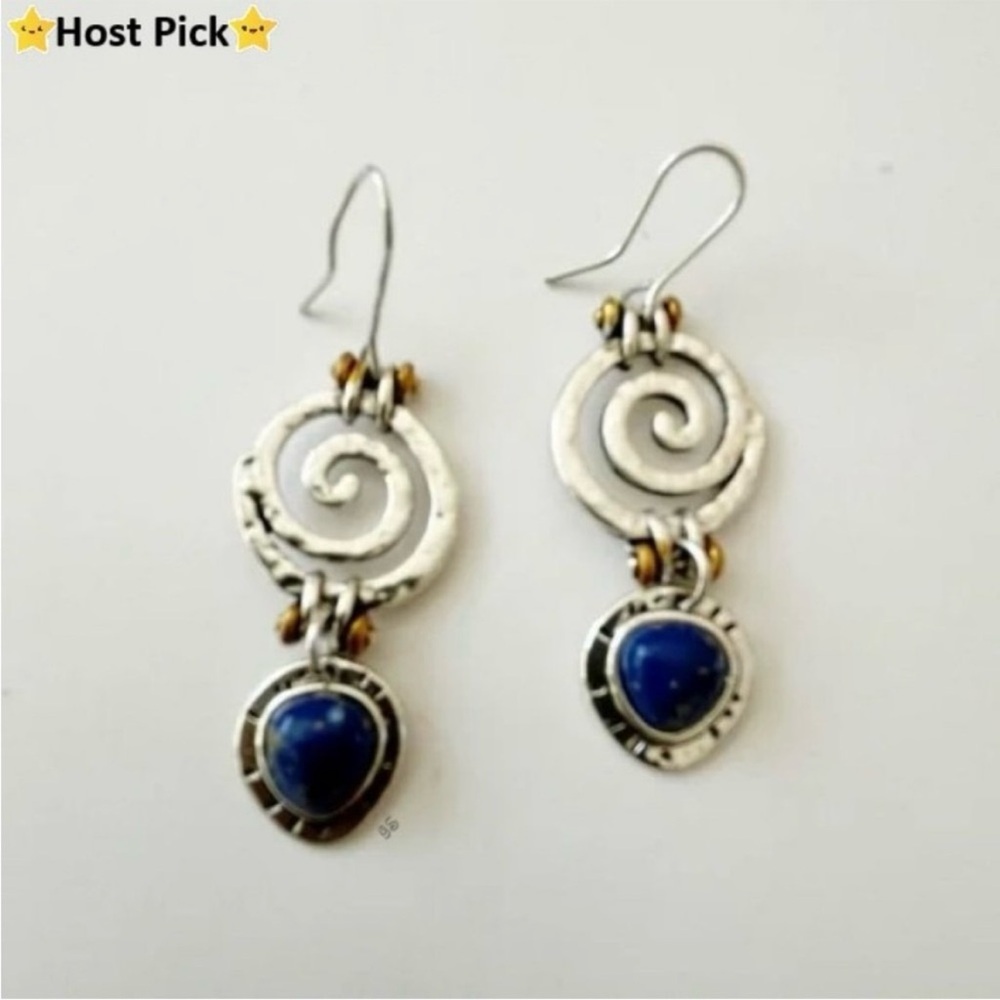 ⛔️SOLD⛔️ Natural Blue Lapis Lazuli Boho Handcrafted Silver Dangling Earrings NWT - Picture 1 of 12